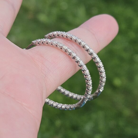 14K White Gold 2.00TCW Diamond Eternity Hoop Earrings 30mm 6.7 Grams - Picture 4 of 14